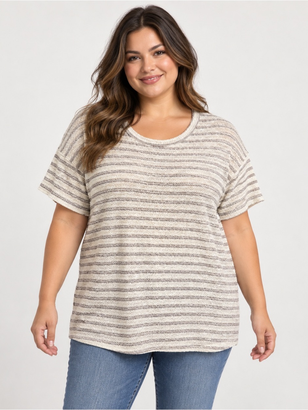 Heimish USA Cream Taupe Striped Textured Knit Top Size 1X NWOT